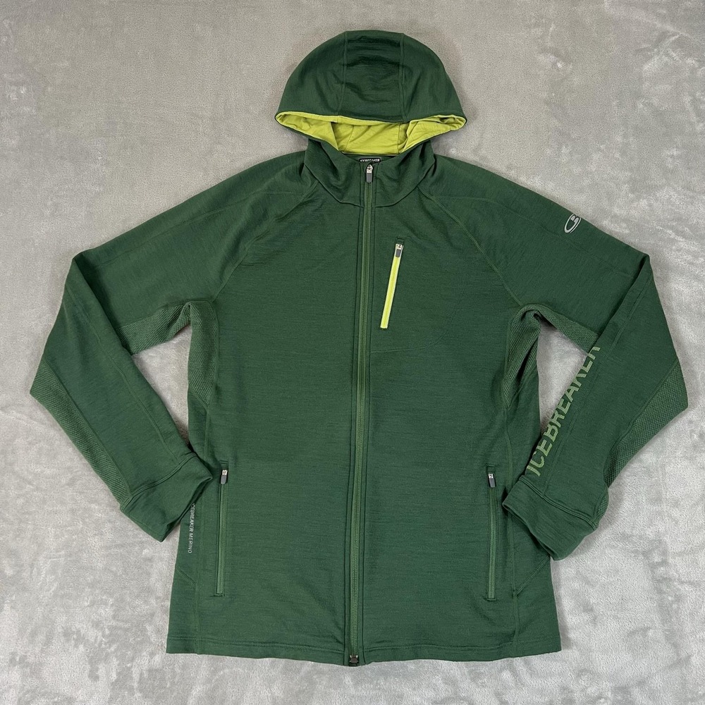 Icebreaker Merino GT Jacket Mens Large Green Hooded Full Zip Thumbholes Running